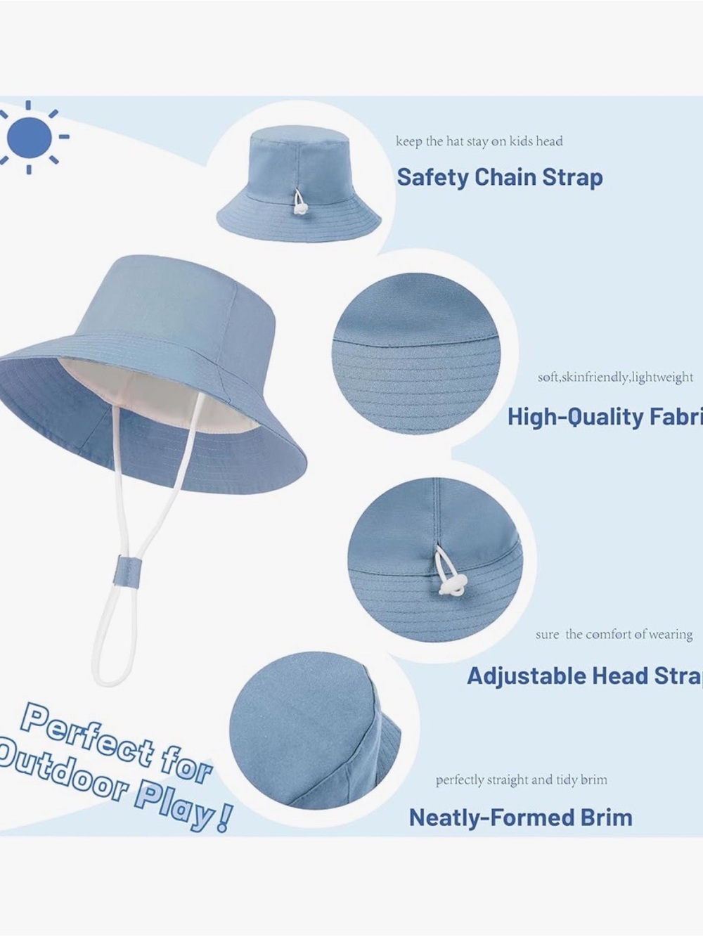 Light Blue Baby Boy Girl Bucket Sun Hat Chin Strap Cotton Linen Blend Sz 6-12 m - Picture 3 of 5